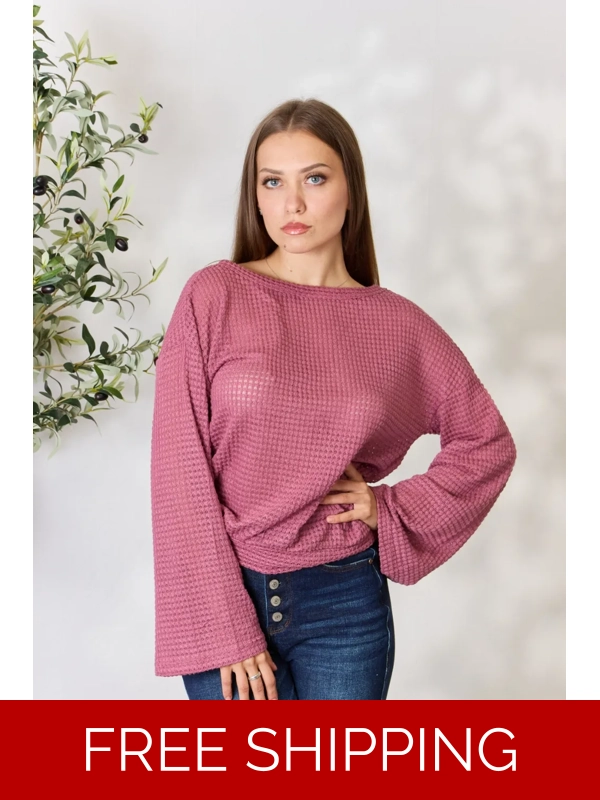 Culture Code Full Size Waffle-Knit Round Neck Long Sleeve Blouse